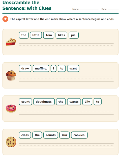 Preview of Sentence Building worksheet featuring Bakery for grade 1
