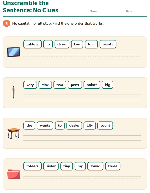 Preview of Sentence Building worksheet featuring Classroom for grade 1
