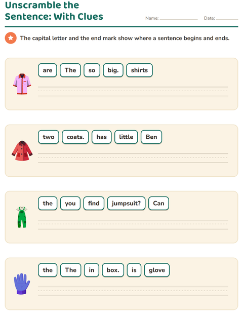 Preview of Sentence Building worksheet featuring Clothing for grade 1
