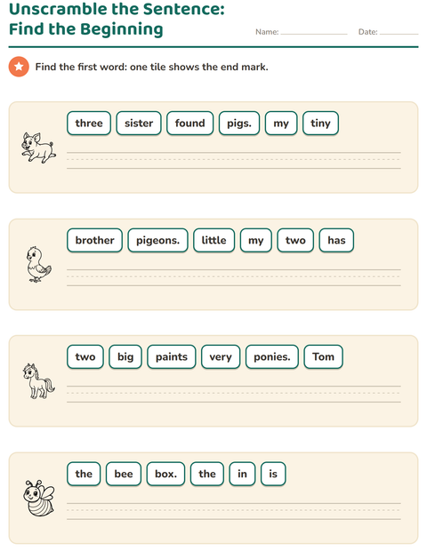 Preview of Sentence Building worksheet featuring Farm Animals BW for grade 1