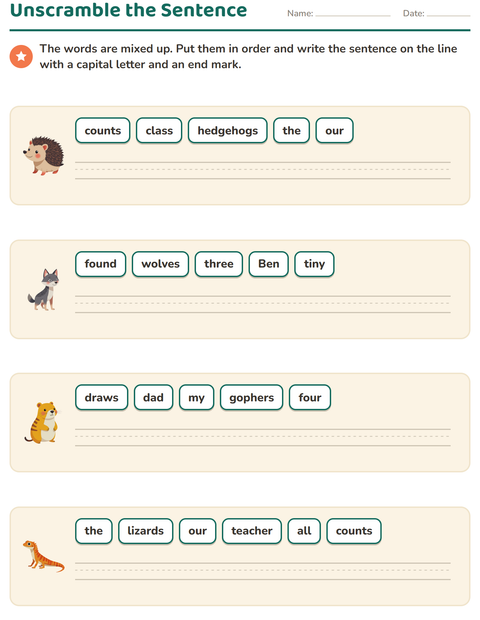 Preview of Sentence Building worksheet featuring Forest Creatures for grade 1