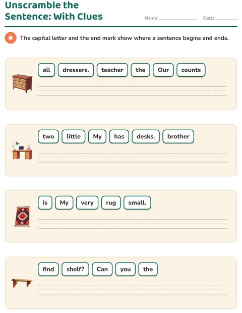 Preview of Sentence Building worksheet featuring Furniture for grade 1