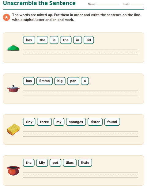 Preview of Sentence Building worksheet featuring Kitchen Tools for grade 1