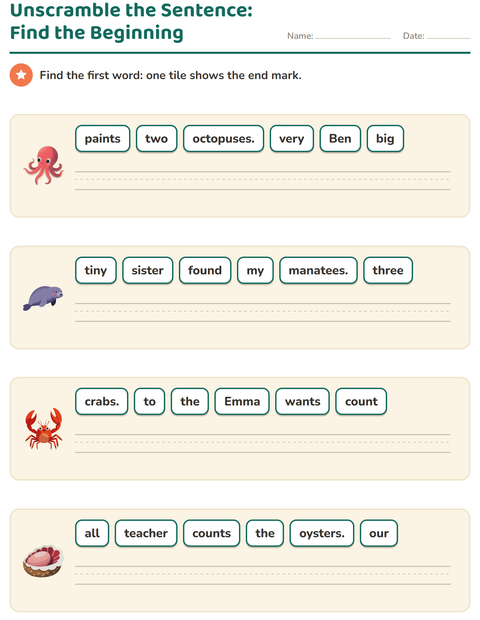 Preview of Sentence Building worksheet featuring Ocean Life for grade 1
