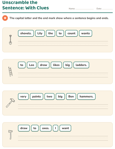 Preview of Sentence Building worksheet featuring Tools BW for grade 1