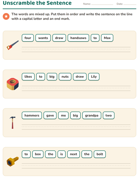 Preview of Sentence Building worksheet featuring Tools for grade 1