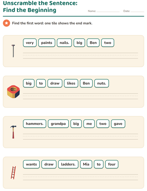 Preview of Sentence Building worksheet featuring Tools for grade 1