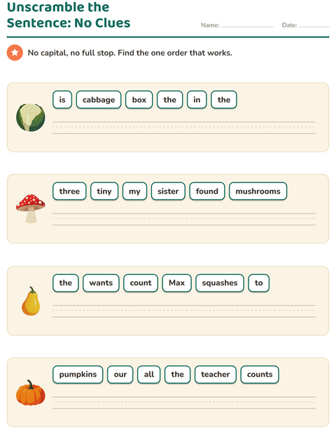 Preview of Sentence Building worksheet featuring Vegetables for grade 1