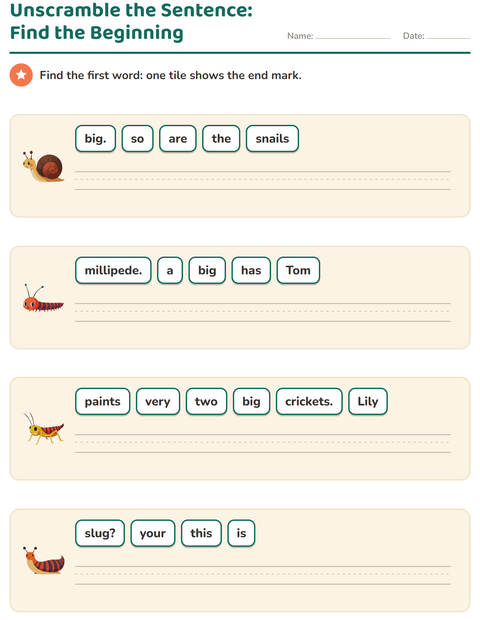 Preview of Sentence Building worksheet featuring Insects and Bugs for grade 1