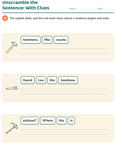 Preview of Sentence Building worksheet featuring Tools BW for grade 1