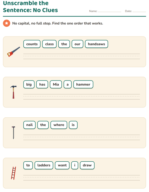 Preview of Sentence Building worksheet featuring Tools for grade 1