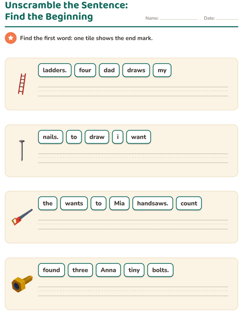 Preview of Sentence Building worksheet featuring Tools for grade 1