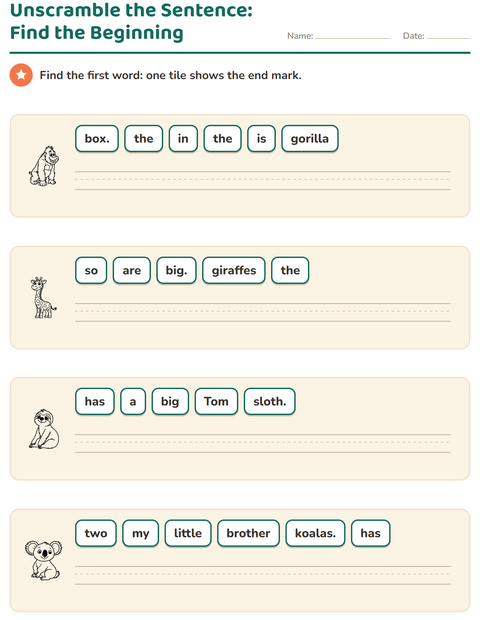 Preview of Sentence Building worksheet featuring Zoo Animals BW for grade 1