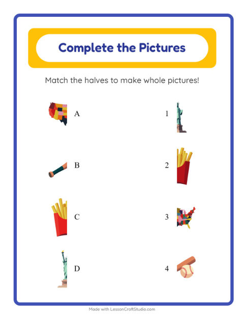 Preview of Shadow Match worksheet featuring 4th of July for kindergarten