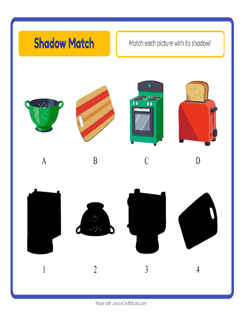 Preview of Shadow Match worksheet featuring Kitchen Tools for kindergarten