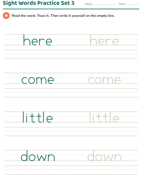 Sight Words Set 3: Here, Come, Little, Down