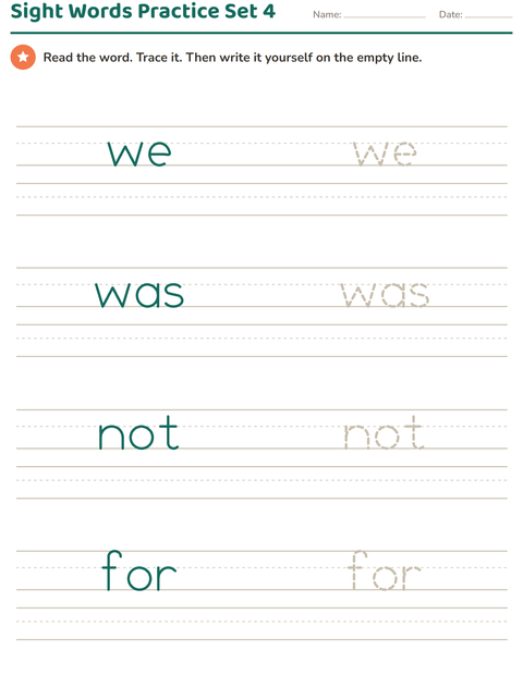 Sight Words Set 4: We, Was, Not, For