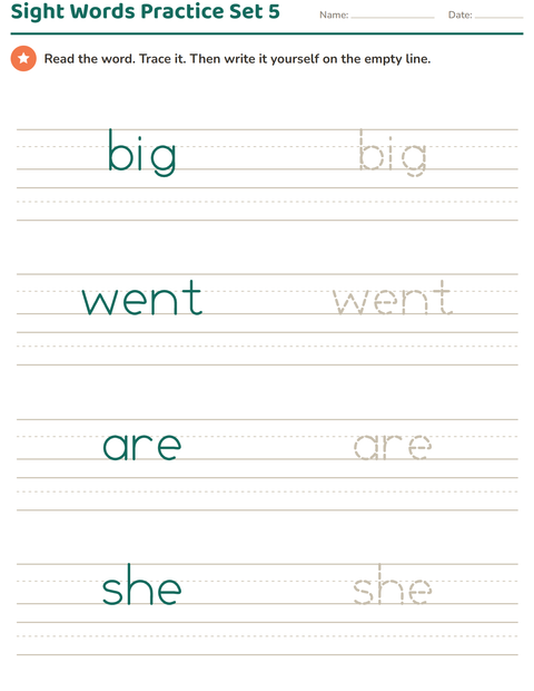 Sight Words Set 5: Big, Went, Are, She