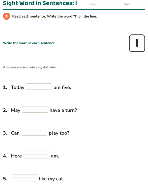 Preview of Sight Words worksheet for kindergarten