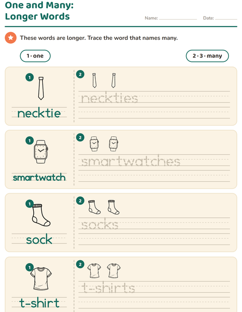 Preview of Singular and Plural worksheet featuring Apparel BW for kindergarten
