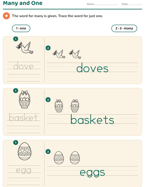 Preview of Singular and Plural worksheet featuring Easter BW 2 for kindergarten