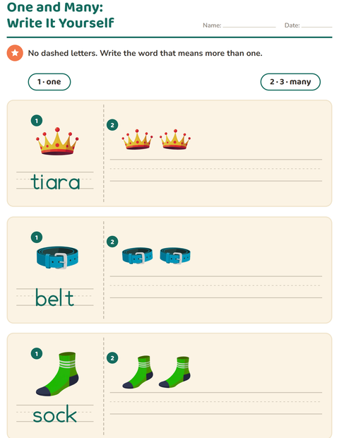 Preview of Singular and Plural worksheet featuring Accessories for kindergarten