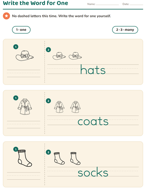 Preview of Singular and Plural worksheet featuring Apparel BW for kindergarten
