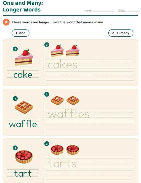 Preview of Singular and Plural worksheet featuring Desserts and Sweets for kindergarten
