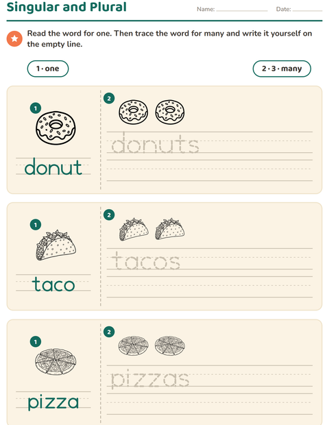 Preview of Singular and Plural worksheet featuring Food BW for kindergarten