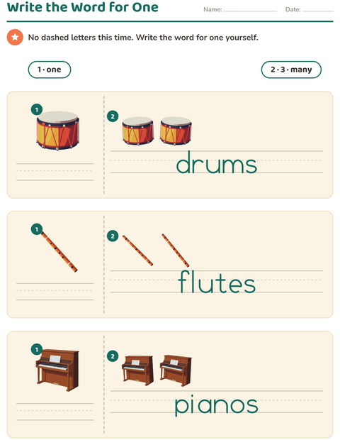 Preview of Singular and Plural worksheet featuring Music for kindergarten