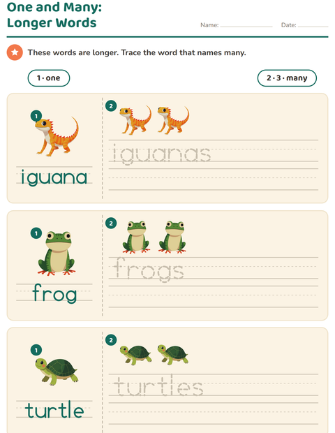 Preview of Singular and Plural worksheet featuring Reptiles and Amphibians for kindergarten