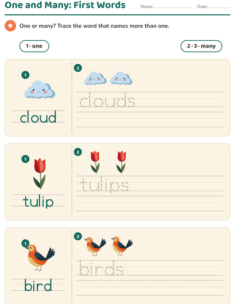 Preview of Singular and Plural worksheet featuring Spring for kindergarten