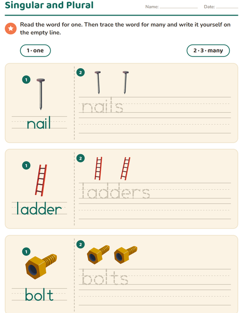 Preview of Singular and Plural worksheet featuring Tools for kindergarten