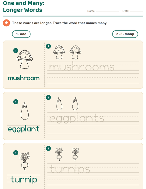 Preview of Singular and Plural worksheet featuring Vegetables BW 2 for kindergarten