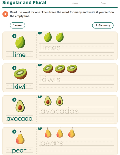 Preview of Singular and Plural worksheet featuring Fruits for kindergarten