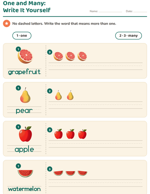 Preview of Singular and Plural worksheet featuring Fruits for kindergarten