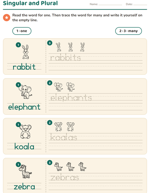 Preview of Singular and Plural worksheet featuring Animals BW 2 for kindergarten