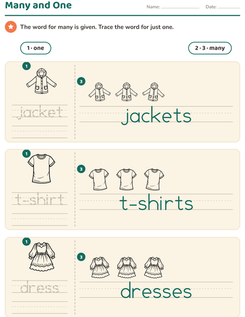Preview of Singular and Plural worksheet featuring Apparel BW for kindergarten