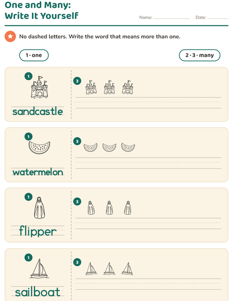Preview of Singular and Plural worksheet featuring Beach BW for kindergarten