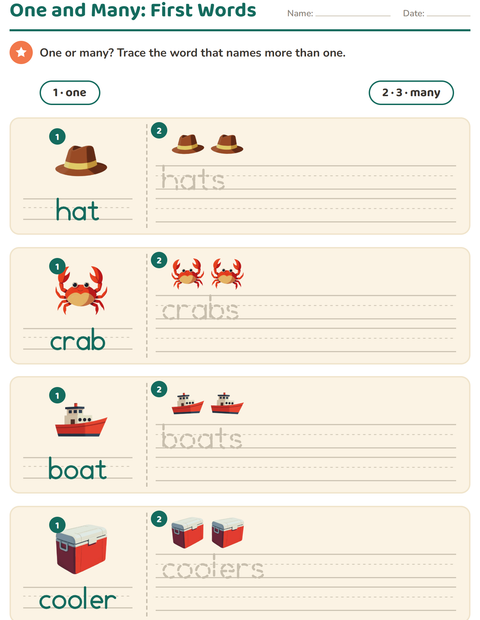 Preview of Singular and Plural worksheet featuring Beach for kindergarten