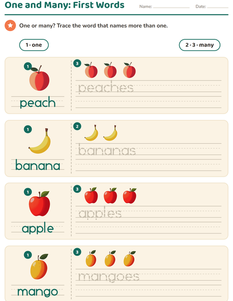 Preview of Singular and Plural worksheet featuring Fruits for kindergarten