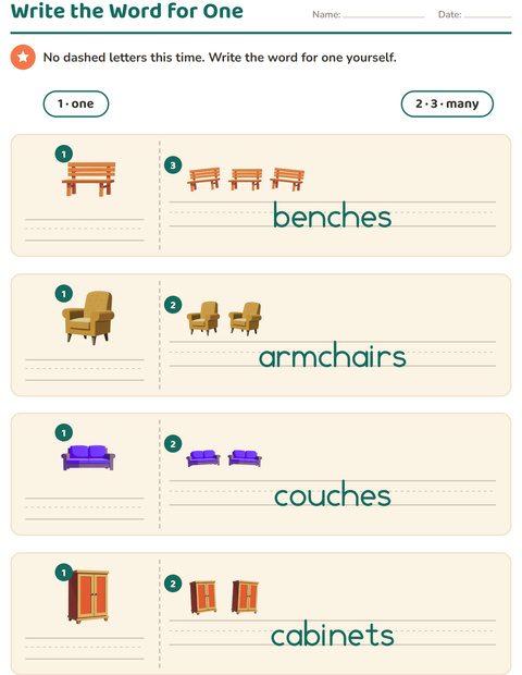 Preview of Singular and Plural worksheet featuring Furniture for kindergarten