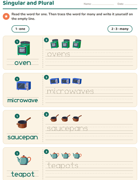 Preview of Singular and Plural worksheet featuring Kitchen Tools for kindergarten