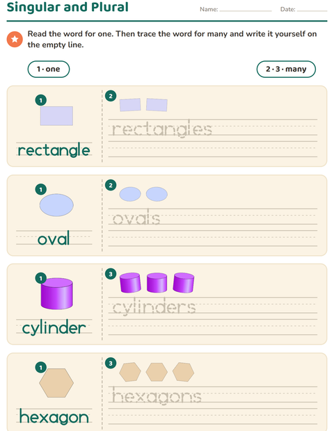 Preview of Singular and Plural worksheet featuring Shapes for kindergarten