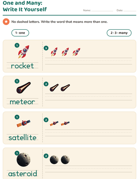 Preview of Singular and Plural worksheet featuring Space for kindergarten