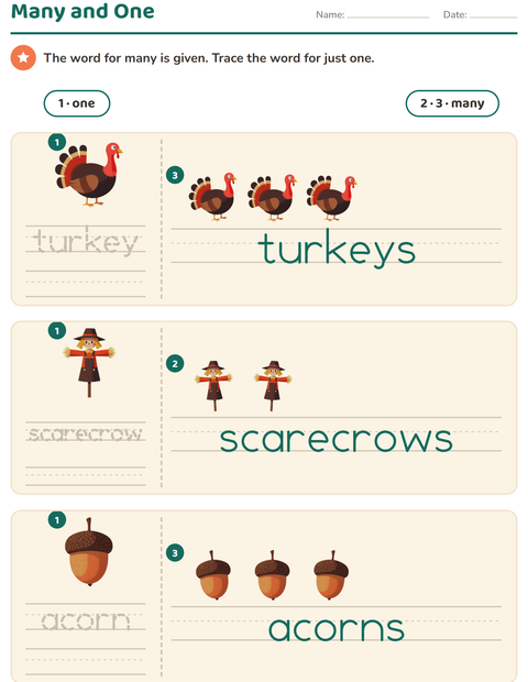 Preview of Singular and Plural worksheet featuring Thanksgiving for kindergarten