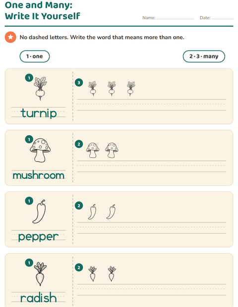 Preview of Singular and Plural worksheet featuring Vegetables BW 2 for kindergarten