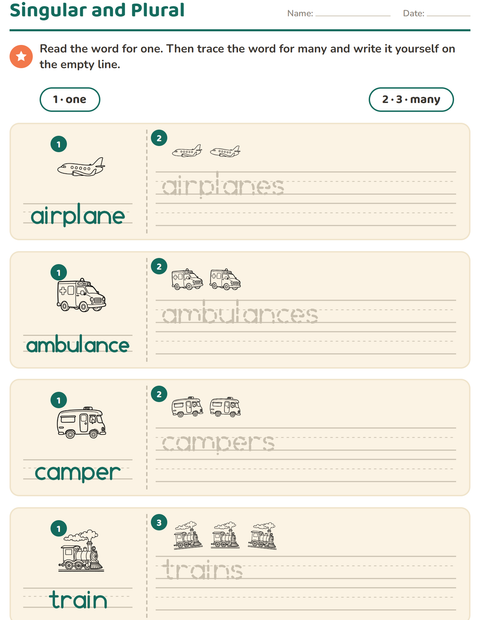 Preview of Singular and Plural worksheet featuring Vehicles BW 2 for kindergarten