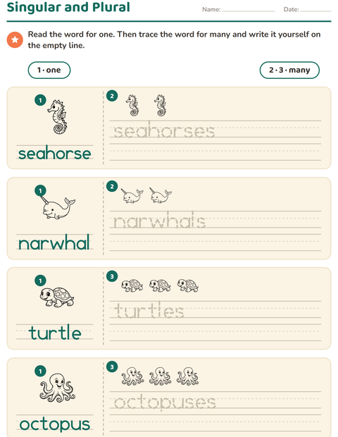 Preview of Singular and Plural worksheet featuring Sea Life BW 2 for kindergarten
