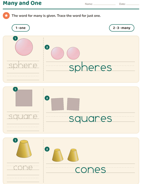 Preview of Singular and Plural worksheet featuring Shapes for kindergarten